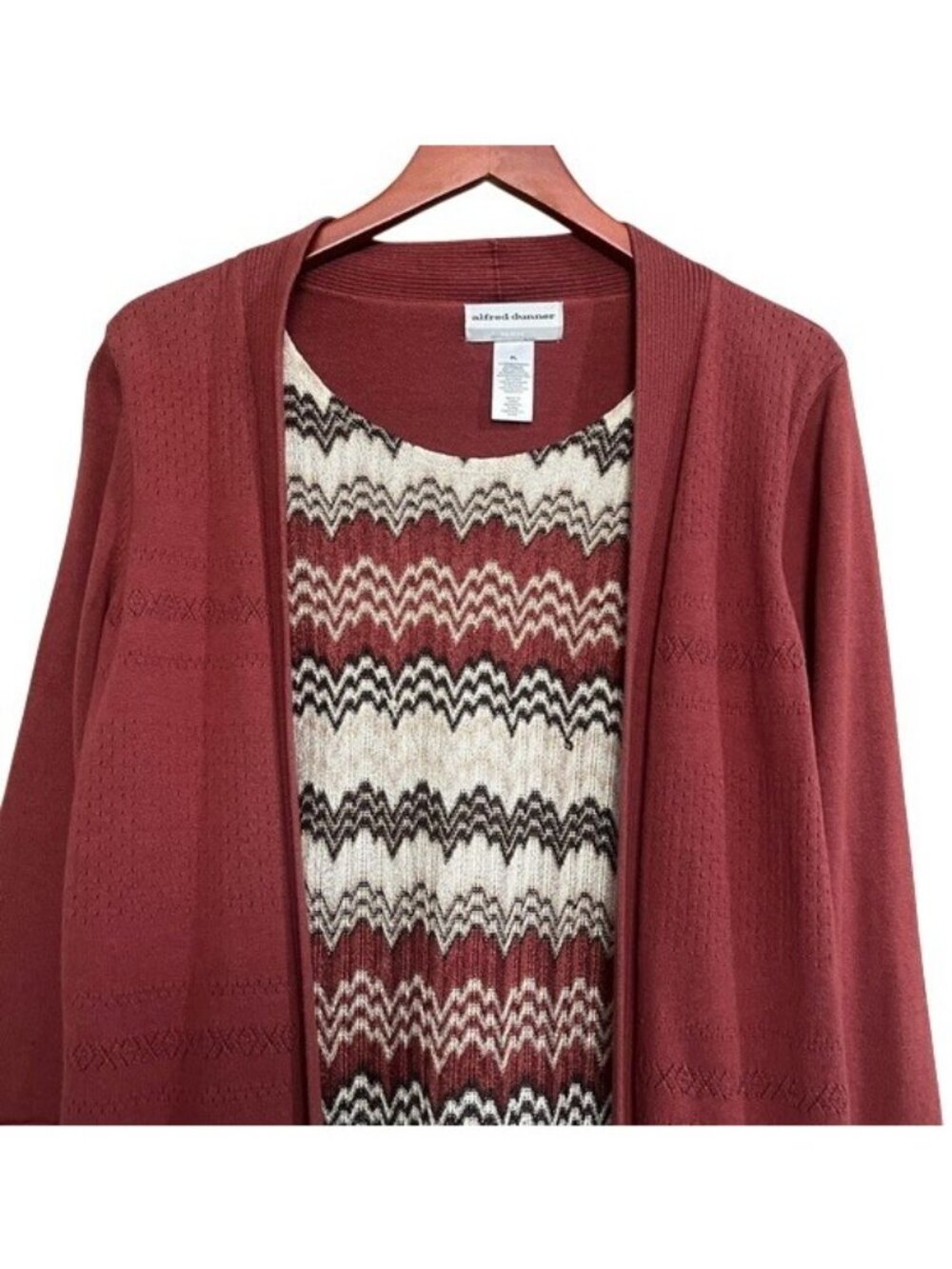 Alfred Dunner Chevron Layered Top Womens Petite Cardigan Rust Gold Tan Patterned - Picture 11 of 16
